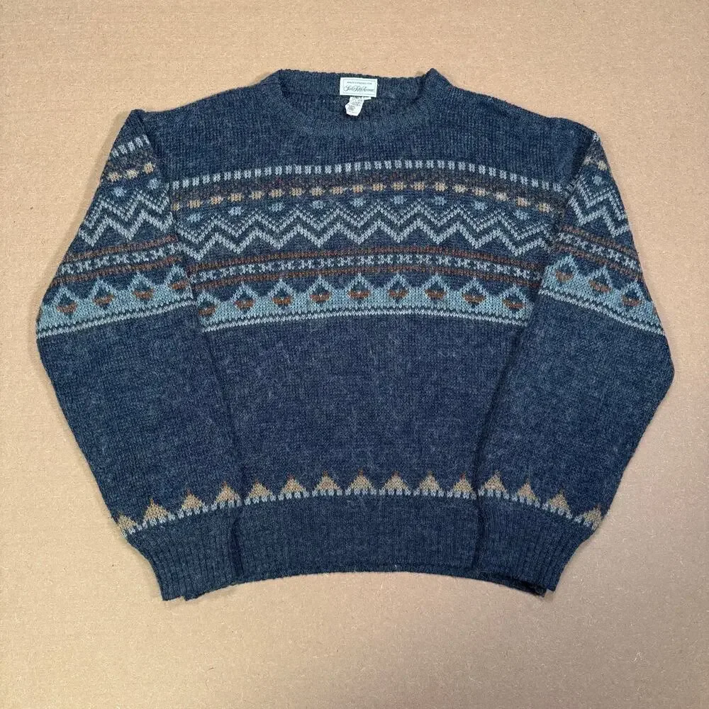 Saks Fifth Avenue Vintage Wool Blend Fair Isle Sweater Made in Italy Blue Mens M